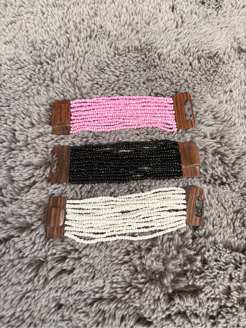 Multi-Strand Beaded Bracelet Set – Pink, Black & White with Wooden Accents